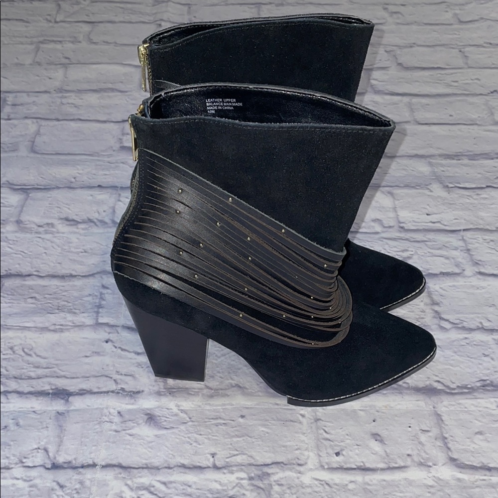Kelsi Dagger Suede Black Back Zip Block Heel Studded Straps Pointed Toe Size 10M